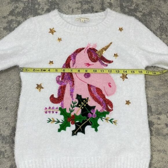 New Margaux and Lexi Sequin Unicorn Eyelash Sweater Christmas Soft White Pink L - Picture 9 of 12